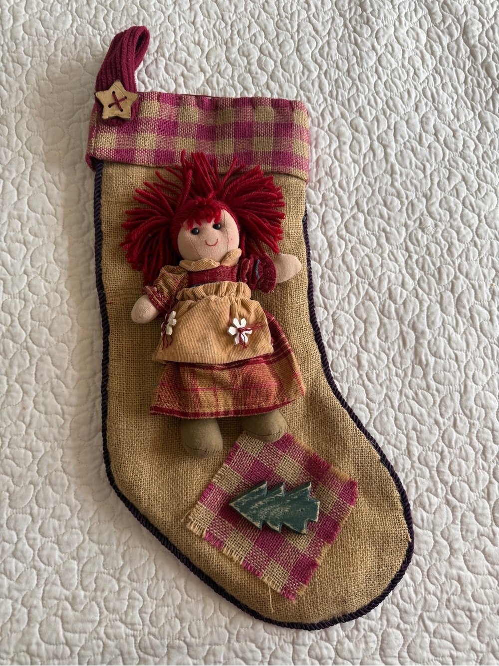 Primitive Rag Doll Burlap Christmas Stocking Rustic Farmhouse Plaid Holiday Deco